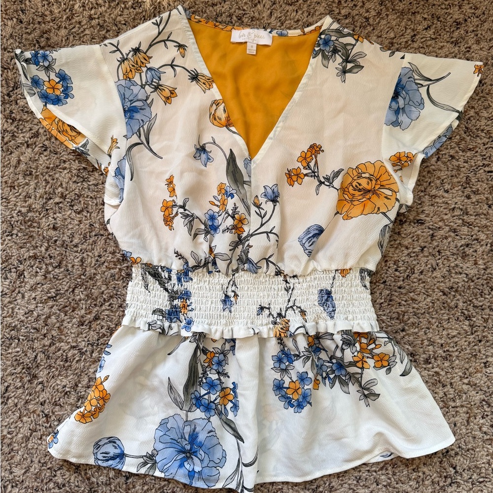 Floral Print Blouse with Blue and Yellow Flowers